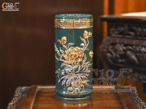 Ống hương men màu đắp nổi Sen Cát Tường nền xanh lục bảo vẽ vàng 24k, cao 20cm