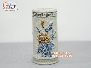 Ống hương men rạn đắp nổi Sen Cát Tường, cao 20cm
