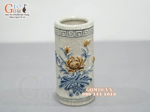 Ống hương men rạn đắp nổi Sen Cát Tường, cao 20cm