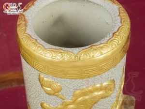 Ống hương men rạn đắp nổi hoa Sen dát vàng 24k, cao 20cm