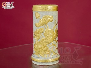 Ống hương men rạn đắp nổi hoa Sen dát vàng 24k, cao 20cm