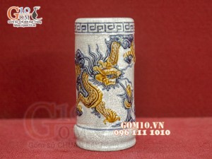Ống hương men rạn đắp nổi Rồng Như Ý, cao 20cm