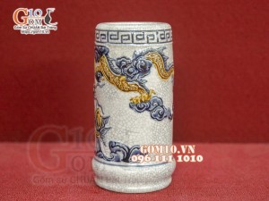 Ống hương men rạn đắp nổi Rồng Như Ý, cao 20cm