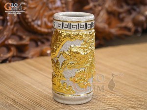 Ống hương men rạn đắp nổi Rồng Như Ý dát vàng 24k, 20cm