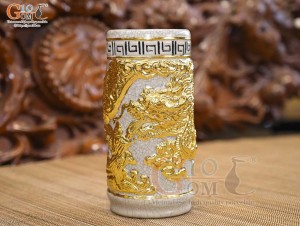 Ống hương men rạn đắp nổi Rồng Như Ý dát vàng 24k, 22cm