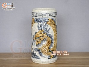 Ống hương men rạn đắp nổi Rồng Phú Quý, cao 17cm
