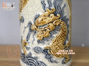 Ống hương men rạn đắp nổi Rồng Phú Quý, cao 17cm