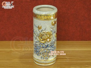 Ống hương men rạn đắp nổi Sen Cát Tường vẽ vàng 24k, cao 20cm