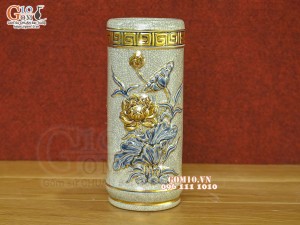 Ống hương men rạn đắp nổi Sen Cát Tường vẽ vàng 24k, cao 20cm