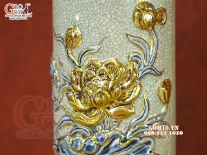 Ống hương men rạn đắp nổi Sen Cát Tường vẽ vàng 24k, cao 20cm