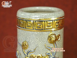 Ống hương men rạn đắp nổi Sen Cát Tường vẽ vàng 24k, cao 20cm