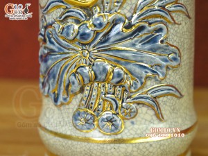 Ống hương men rạn đắp nổi Sen Cát Tường vẽ vàng 24k, cao 20cm