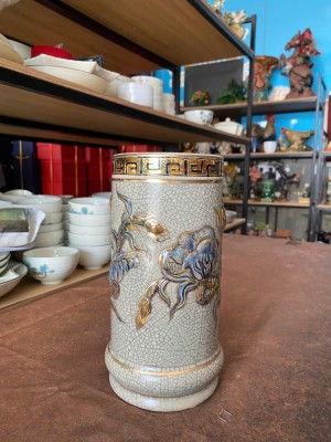 Ống hương men rạn đắp nổi Sen Tài Lộc vẽ vàng 24k, cao 23cm