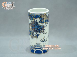 Ống hương men lam cổ họa tiết Rồng vẽ Vàng 24k, cao 18cm