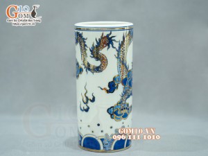 Ống hương men lam cổ họa tiết Rồng vẽ Vàng 24k, cao 18cm