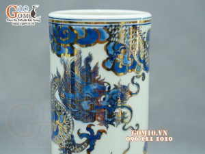 Ống hương men lam cổ họa tiết Rồng vẽ Vàng 24k, cao 18cm