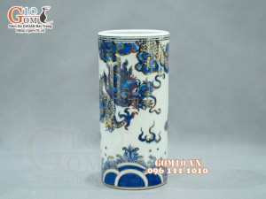 Ống hương men lam cổ họa tiết Rồng vẽ Vàng 24k, cao 18cm