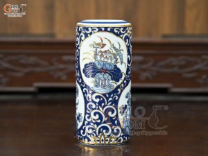 Ống hương men trắng họa tiết Tứ Cảnh Tài Lộc vẽ vàng 24k, cao 18cm