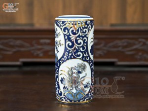 Ống hương men trắng họa tiết Tứ Cảnh Tài Lộc vẽ vàng 24k, cao 18cm