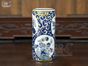 Ống hương men trắng họa tiết Tứ Cảnh Tài Lộc vẽ vàng 24k, cao 18cm