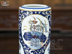 Ống hương men trắng họa tiết Tứ Cảnh Tài Lộc vẽ vàng 24k, cao 18cm