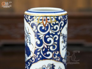 Ống hương men trắng họa tiết Tứ Cảnh Tài Lộc vẽ vàng 24k, cao 18cm