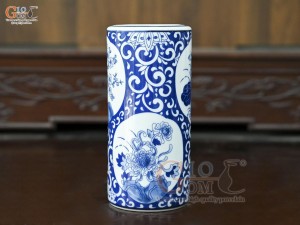 Ống hương men trắng họa tiết Tứ Cảnh Tài Lộc, cao 18cm