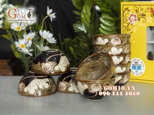 Bộ 10 Bát Cơm men hỏa biến gấm vàng khắc sen