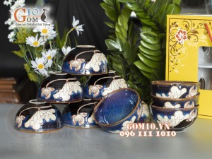 Bộ 10 Bát Cơm men hỏa biến xanh đá khắc sen