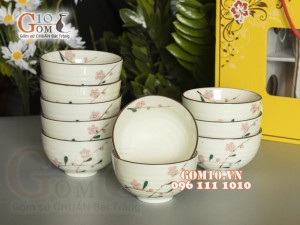 Bộ 10 Bát Cơm men kem vẽ Đào Phai