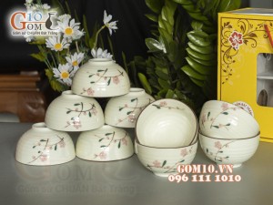 Bộ 10 Bát Cơm men kem vẽ Đào Phai