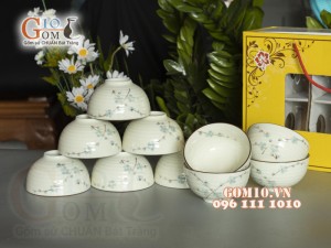 Bộ 10 Bát Cơm men kem vẽ Đào Xanh