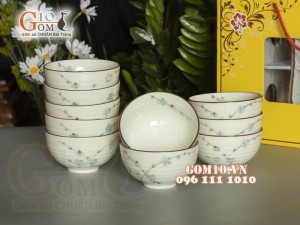 Bộ 10 Bát Cơm men kem vẽ Đào Xanh