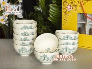 Bộ 10 Bát Cơm men kem vẽ Sen xanh
