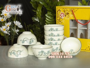Bộ 10 Bát Cơm men kem vẽ Sen xanh