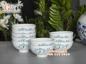 Bộ 10 Bát Cơm men trắng vẽ hoa Sen