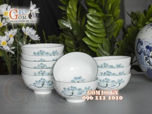 Bộ 10 Bát Cơm men trắng vẽ hoa Sen