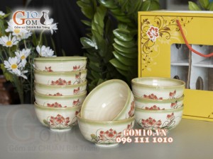 Bộ 10 Bát Cơm men vuốt vẽ Sen đỏ