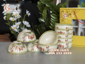 Bộ 10 Bát Cơm men vuốt vẽ Sen đỏ