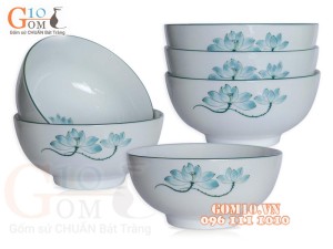 Bộ 6 Bát Tô men trắng vẽ Sen Xanh, đường kính 16cm