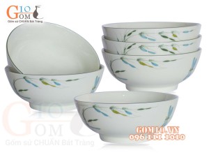 Bộ 6 Bát Tô men trắng vẽ Trúc Chuồn, đường kính 16cm
