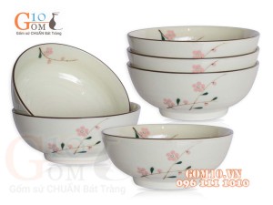 Bộ 6 Bát Tô nông men kem vẽ Đào Phai, đường kính 22cm