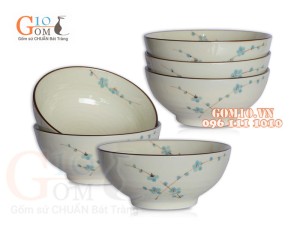 Bộ 6 Bát Tô nông men kem vẽ Đào xanh, đường kính 16cm