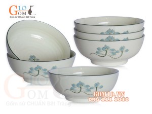 Bộ 6 Bát Tô nông men kem vẽ Sen xanh, đường kính 16cm