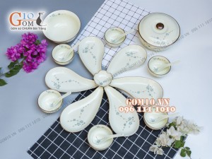 Sét 6 đĩa giọt nước men kem vẽ Đào xanh, xếp cánh hoa 001