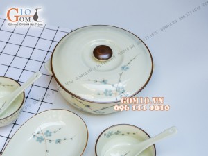 Sét 6 đĩa giọt nước men kem vẽ Đào xanh, xếp cánh hoa 001