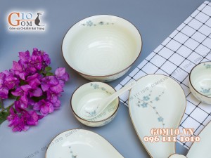 Sét 6 đĩa giọt nước men kem vẽ Đào xanh, xếp cánh hoa 001