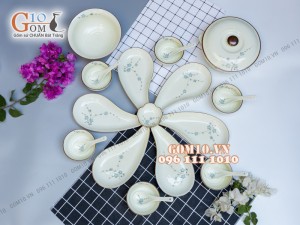 Sét 6 đĩa giọt nước men kem vẽ Đào xanh, xếp cánh hoa 001