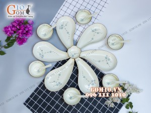 Sét 6 đĩa giọt nước men kem vẽ Đào xanh, xếp cánh hoa 002