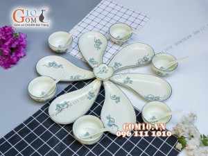 Sét 6 đĩa giọt nước men kem vẽ Sen xanh, xếp cánh hoa 002